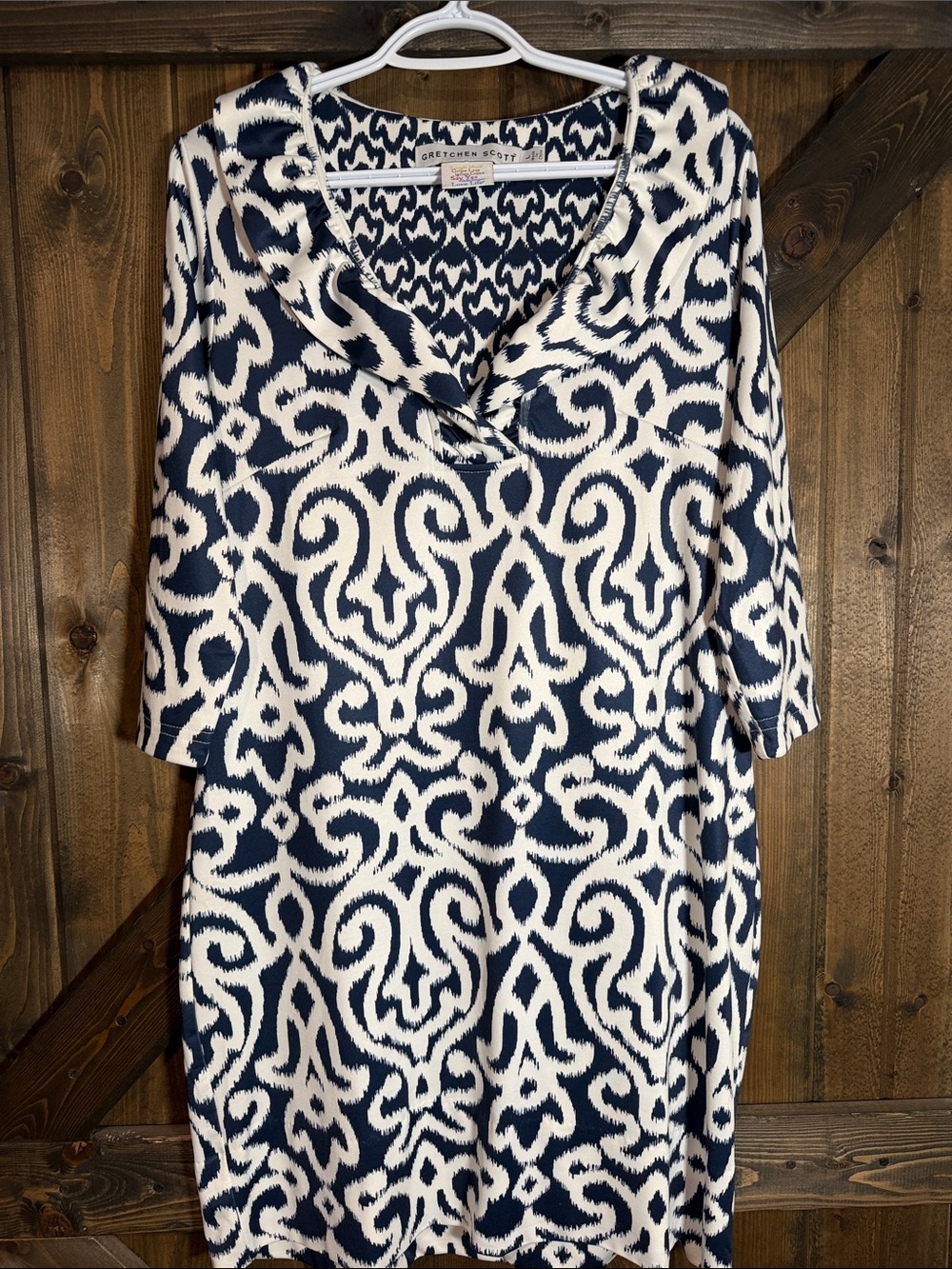Gretchen Scott Designs Navy and White Midi Dress 3/4 Sleeve
